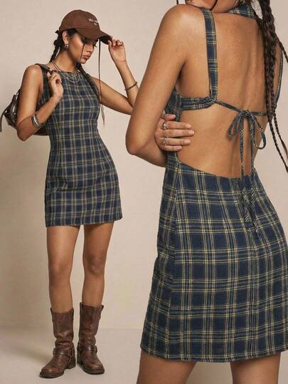 Easelle Navy Blue Woven Women's Plaid Sleeveless Mini Dress Blue Dresses For Women Summer Festival Beach Backless
