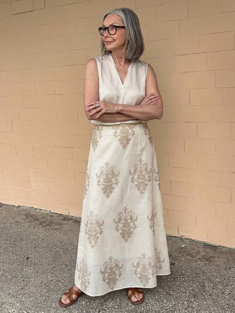 Floral Print Patchwork Sequin Waist A-Line Maxi Casual Vacation Skirt For Women, Summer