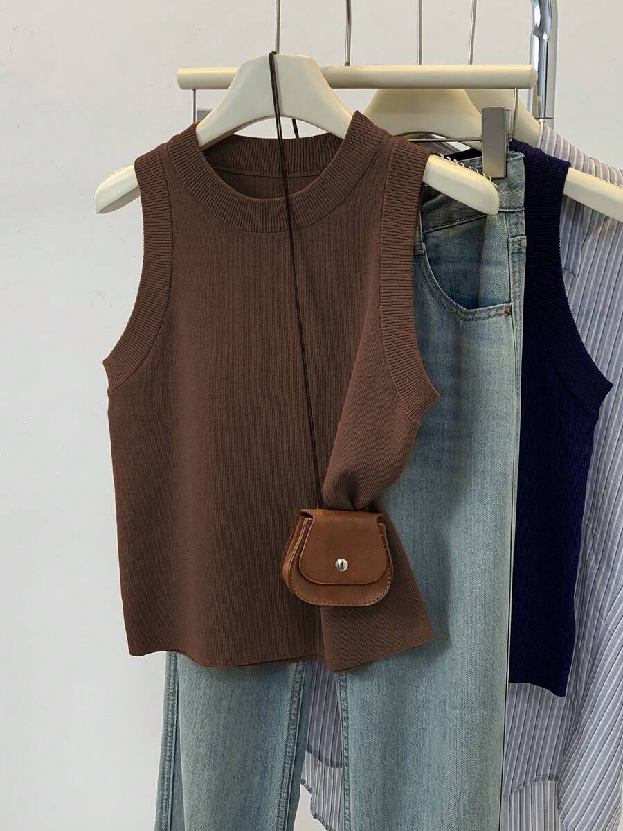 SHEIN Women's Solid Color Round Neck Casual Versatile Knit Vest - Coffee Brown - View 1
