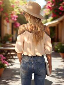 SHEIN 女士时尚露肩V领半袖弹力袖口印花宽松度假罩衫 - 彩色 - 查看 2