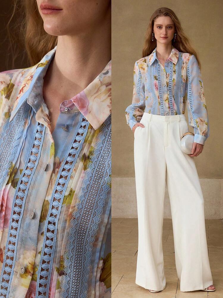 WOMEN'S FLORAL PRINT CONTRAST LACE CASUAL BLOUSE, SPRING/SUMMER