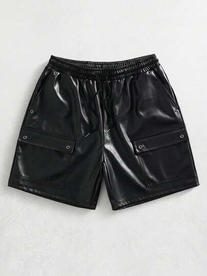 ROMWE MEN 男士PU皮革孔眼装饰工装短裤，春夏款