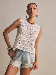Poéselle 镂空针织无袖法式复古背心，露背波浪领，外出上衣，女士度假装扮，乡村风女士装扮，女士沙滩装扮，完美适用于度假、旅行、周末和海滩穿着，春夏钩针编织上衣，女士背心，女士夏季上衣 - 米色 - 查看 3