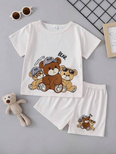 SHEIN Set de 2 piezas de pijama de manga corta holgada con estampado de superhéroes de dibujos animados para niños, para verano