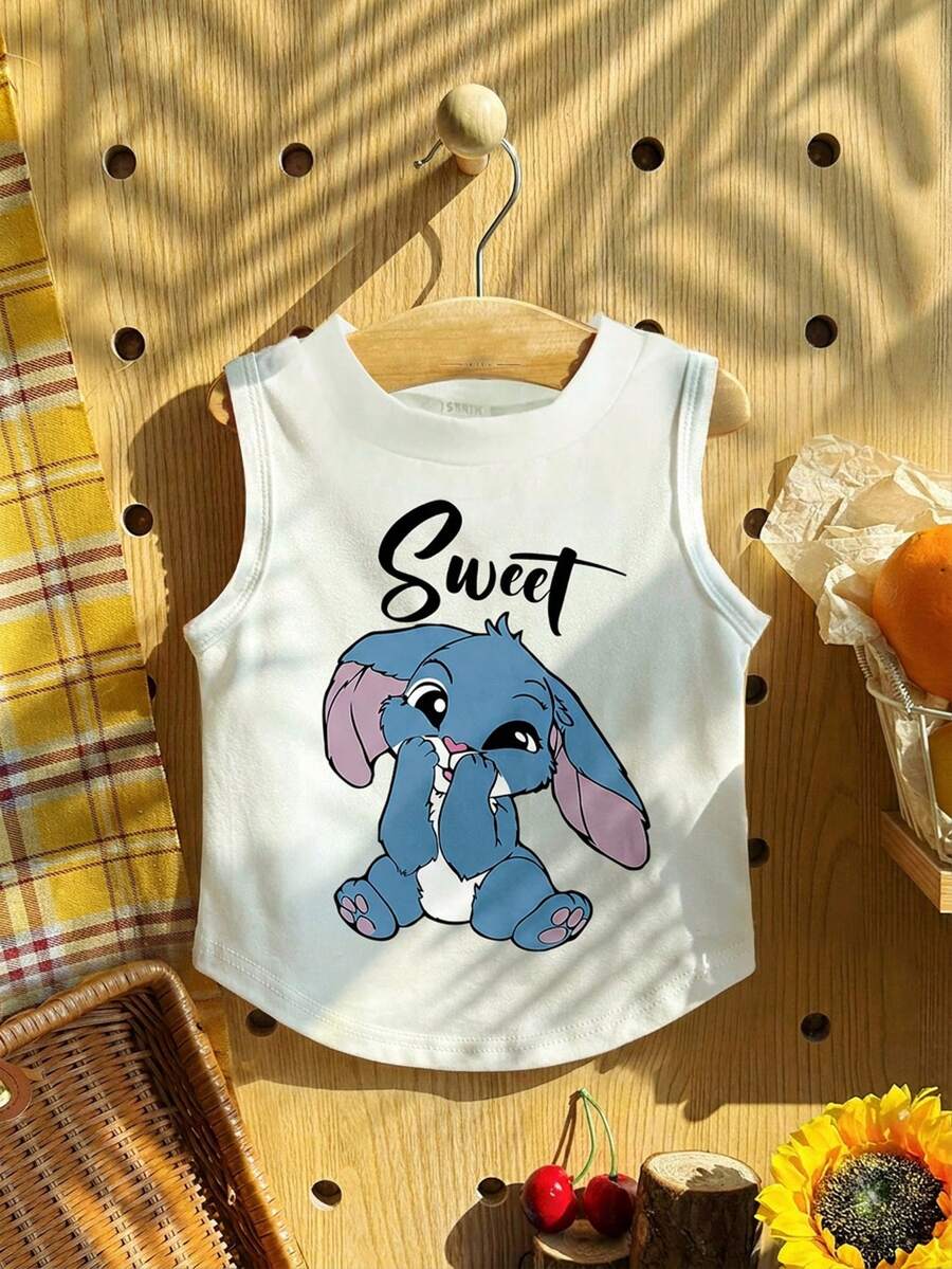 SHEIN Kawaii Cartoon Blue Rabbit Stitch Pattern,Ombre Floral Print,Young Girl Casual Minimalist Sleeveless Round Neck Tank Top,Suitable For Summer - Multicolor - View 1