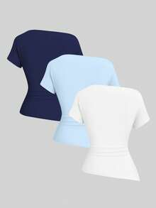 Sweetra Camiseta de manga corta casual y cómoda con cuello asimétrico de unicolor para mujer - Multicolor - Ver 2