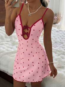 CottageSlumber 红色爱心蝴蝶结罗纹针织性感吊带荷叶边睡裙（女款） - 粉色 - 查看 4