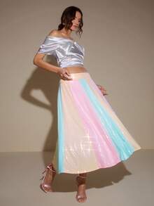 LOTSLUV Women's Spring/Summer Pink, Green And Khaki Sequin Fabric Patchwork Skirt - Multicolor - View 7