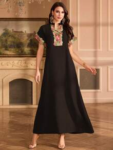 Al Najma Đầm thanh lịch cổ tàu thêu hoa tay raglan - Cà phê nâu - Xem 3