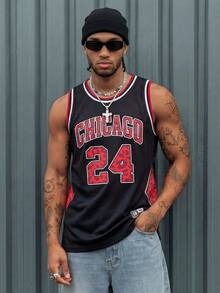 AXEPEAK 男士休闲豹纹字母数字图案背心，夏季 - 黑色 - 查看 7