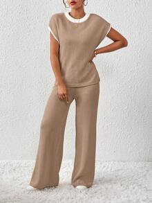 EMERY ROSE Women's Contrast Color Loose Casual Drawstring Knit 2 Pieces Set - Camel - View 4