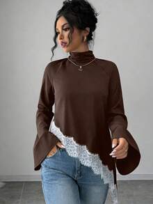 Elenzga Women's Asymmetric Hem Long Sleeve Contrast Lace Blouse - Brown - View 3
