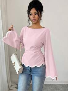 SHEIN Elenzya 1pc Women's Spring/Summer Wavy Heart Woven Trim Ruched Waist Blouse - Pink - View 4