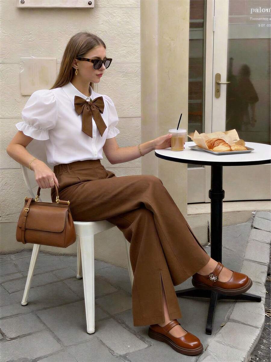SHEIN Teen Girls Short Sleeve Shirt & Pants 2-Piece Set/Contrast Color Outfit, Girls' Short Sleeve Top And Long Pants With Bow Decor, Contrast Color Design, Suitable For Daily Wear In Spring, Summer And Autumn - Camel - View 1