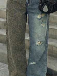SHEIN EZwear 2026 Spring Summer New Women's Casual Loose Fit Straight Leg Jeans With Leopard Print Denim Patchwork, Pockets And Distressed Details, Street Style, Suitable For Music Festival, Daily Commute, Summertime, Holiday, Bruch, Wedding Guest, Beach Wearing, Office Attire, Party Dress, City Walk, Summer Dress, Casual-A, All Match - Black - View 6