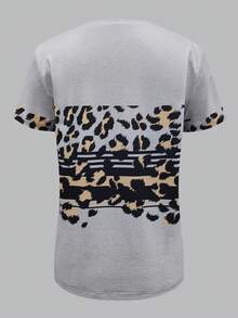 EMERY ROSE Women's Leopard Print Patchwork Round Neck Casual Versatile Daily Wear Short Sleeve T-Shirt - Multicolor - View 2