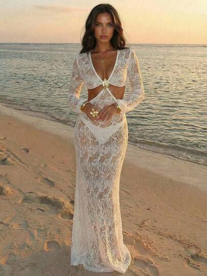 Aloruh 女士春夏新款纯色杏色雪纺罩衫，优雅性感透视长袖长裙，沙滩罩衫，海洋风金属装饰，女士度假连衣裙