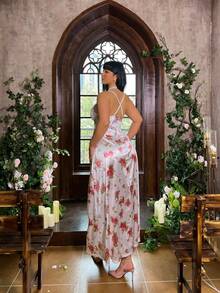 Lyrianda Vestido de fiesta elegante con volantes de encaje y estampado floral con recogido en la cintura para mujer de talla grande - Multicolor - Ver 2