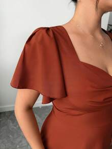 Elenzga Plus Size Women's Solid Color Sweetheart Neck Casual Spring/Summer Vacation French Retro Elegant Commuter Dress - Coral Orange - View 4