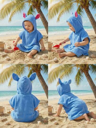 SHEIN Bubblio 可爱卡通图案宽松连帽法兰绒泳衣罩衫，用途广泛，适合海滩、水疗、游泳，男女宝宝均适用。