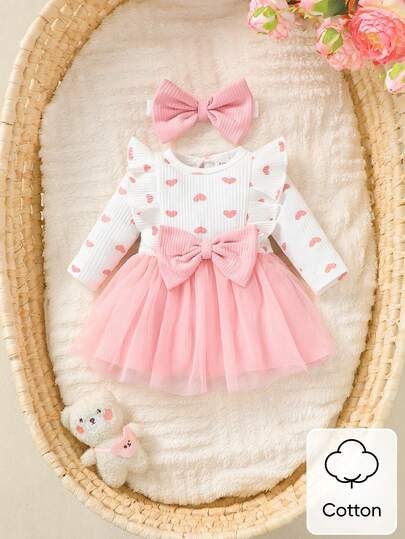 SHEIN Newborn Baby Girl White Heart Print Pattern Pleated Long Sleeved Patchwork Pink Mesh Bow Dress And Headband Autumn And Winter New Elegant Retro Cute Fabric Comfortable Fall