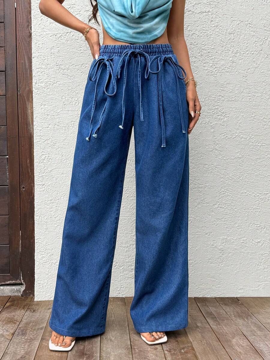 Sunnyshic Damen Lässig Urlaubs Jeans mit weitem Bein und Gürtel - Blau - Übersicht 1