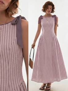 Poéselle Women's Striped Sleeveless Casual Midi Dress With Knot Detail - Dusty Pink - View 1