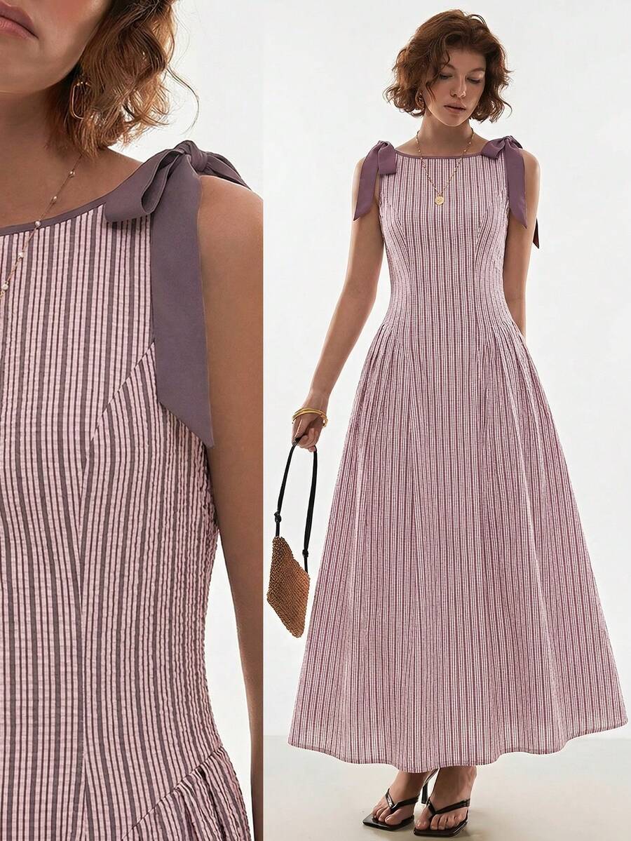 Poéselle Women's Striped Sleeveless Casual Midi Dress With Knot Detail - Dusty Pink - View 1