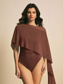 Poéselle 女款優雅純色咖啡棕網格拼接細肩帶連身衣，秋季優雅約會之夜夏季比基尼套裝附棕色罩衫泳裝 - 紅木色 - 查看 9