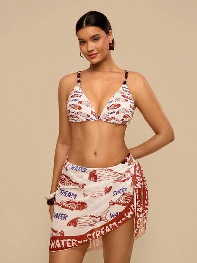 Travachic Conjunto de bikini con estampado de peces rojos y blancos para vacaciones tropicales en talla grande - Top triangular con tirantes de amarre + Falda envolvente, traje de baño playero y divertido para el verano