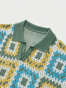 Manfinity Homme Camiseta de punto casual de manga corta con estampado geométrico para hombre - Verde Oliva - Ver 6