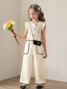 2pcs Set Blouse Top & Pants, Collar Ruffle Cap Sleeve Top And Versatile Casual Pants, Spring/Summer Fabric, Multi-Occasion Wear - Apricot - View 3