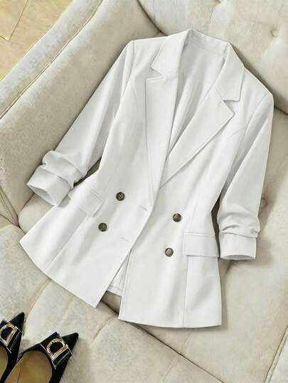 Saco Blazer Mujer Elegante Clásico Doble Botonadura boton estilo carey Solapa Manga Larga Otoño Oficina Casual Saco elegante para mujer, diseño con solapa clásica, botón decorativo, blazer formal casual, eventos, atuendo profesional, para el trabajo o eventos especiales