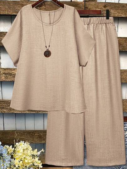 EMERY ROSE بدلة كاجوال قطعتين من قميص بأكمام خفافيش وبنطلون بلون أحادي للمقاسات الكبيرة