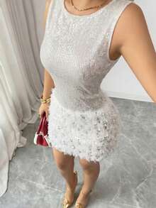 Rafferiza 女士优雅休闲假日圣诞亮片酒红色连衣裙 - 白色 - 查看 5