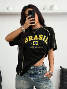 Coolane 女士加大码春夏及男士情侣同款街头风返校季棉质条纹纹理装饰加大码绿色针织T恤 - 黑色 - 查看 3