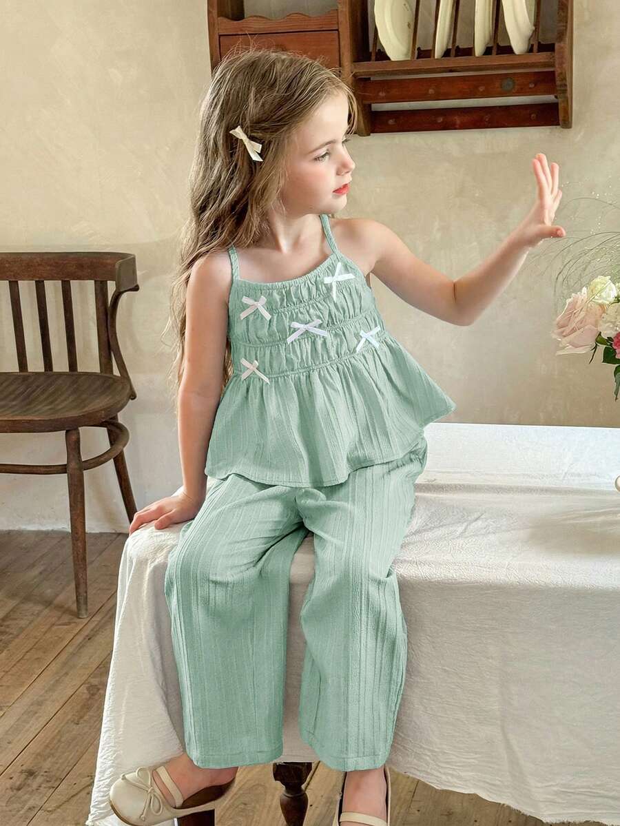 LMoss Kids 两件套少女纯色梭织吊带背心和宽松休闲裤套装 - 薄荷綠 - 查看 1