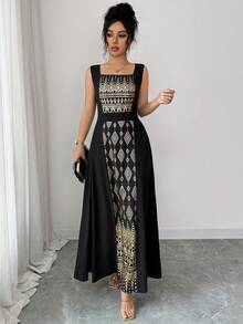 Rafferiza Women's Sleeveless Black Patchwork Gold Foil Long Dress, Spring/Summer - Black Gold - View 7