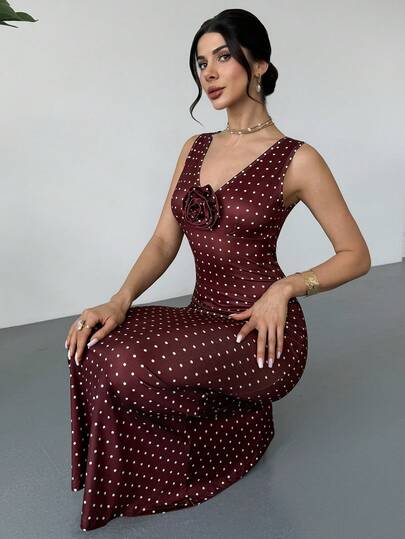 RiviMae 女士花卉装饰波点印花无袖修身优雅连衣裙