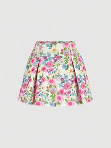 SHEIN MOD Women's Floral Print Pleated Casual Versatile Date & Outing Denim Mini Skirt - Multicolor - View 1