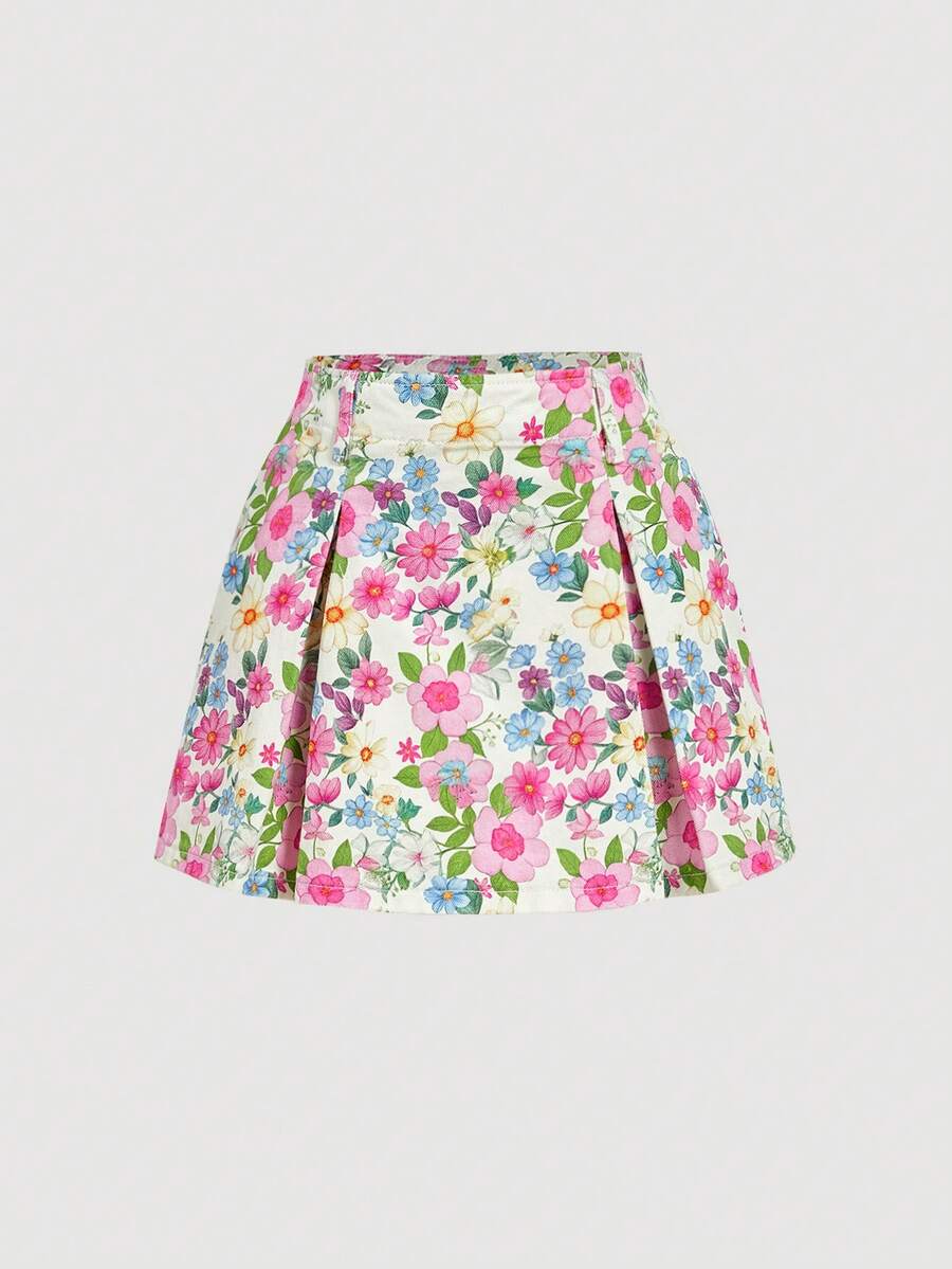 SHEIN MOD Women's Floral Print Pleated Casual Versatile Date & Outing Denim Mini Skirt - Multicolor - View 1