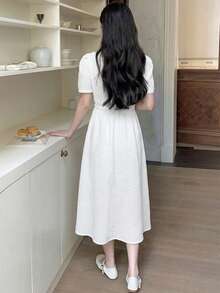 少女款米白色梭织领褶皱蝴蝶结短袖休闲连衣裙 - 白色 - 查看 2