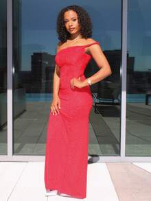 Steph T Vestido largo brillante y asimétrico con volantes y abertura alta lateral, perfecto para fiestas de Navidad, vacaciones, citas y Día de San Valentín. Vestido de lentejuelas para año nuevo, ropa de fiesta para mujeres. - Rojo - Ver 4