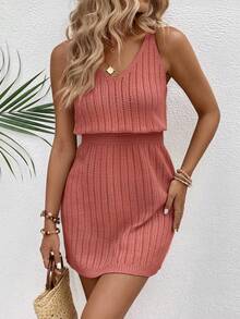 EMERY ROSE Fashionable Versatile Hollow Crochet V-Neck Women Sweater Dress - Pink - View 5