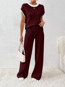 EMERY ROSE Women's Contrast Color Loose Casual Drawstring Knit 2 Pieces Set - Burgundy - View 6