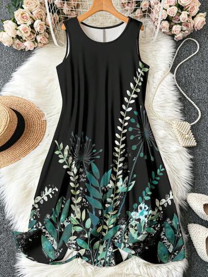 EMERY ROSE Plus Size Women's Casual Sleeveless Plant Print Loose Dress, Plus Size Dress