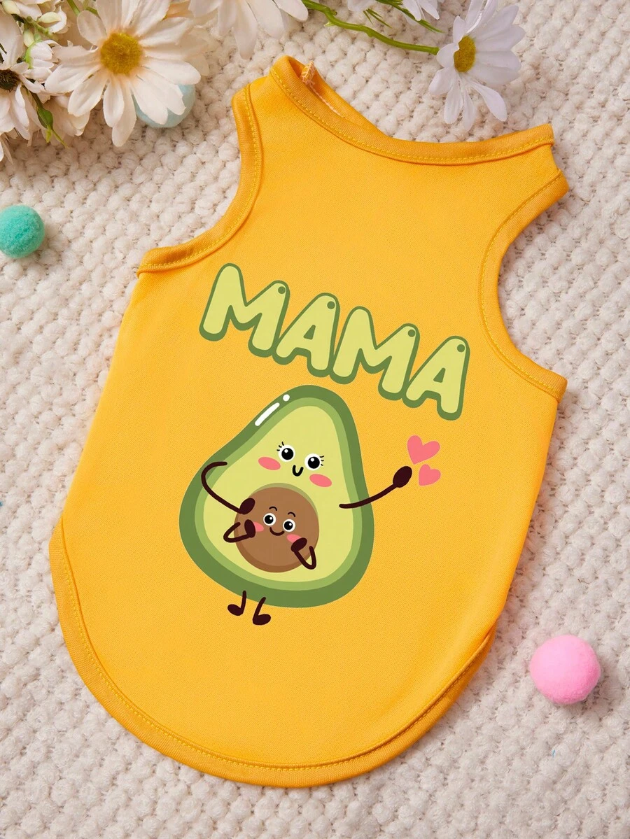 PETSIN 1件快乐牛油果妈妈爱心印花宠物背心 黄色 柔软透气舒适宠物服装 - 黃色 - 查看 1