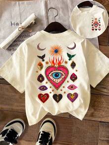 DrmWander Mysterious Evil Eye Heart T-Shirt: Bohemian Folk Art Print T-Shirt - Apricot - View 1