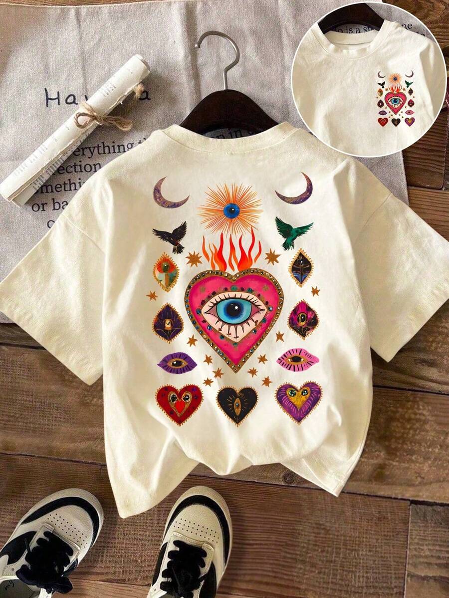 DrmWander Mysterious Evil Eye Heart T-Shirt: Bohemian Folk Art Print T-Shirt - Apricot - View 1