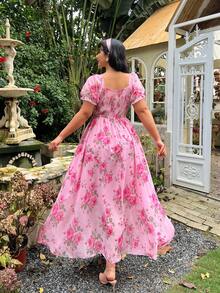 Lyrianda Plus Size Elegant Chiffon Printed Dress - Pink - View 2